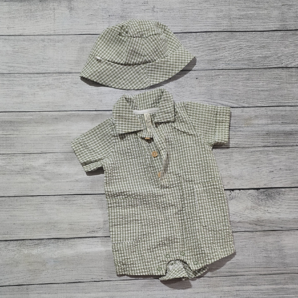 Green Checkered Kids Romper and Hat Set